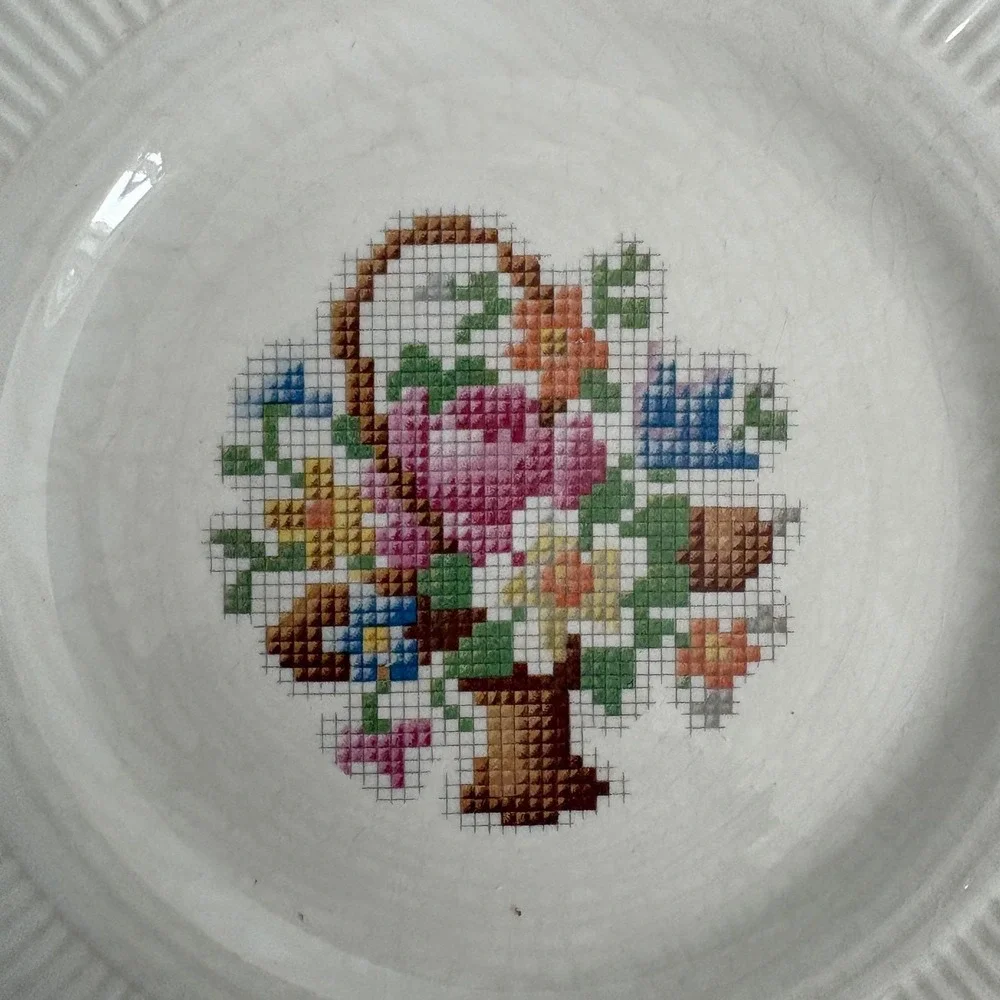 Salem China‎ Co Basket Cross Stitch Vintage 4pc Set Handled Plate Bowls Cream
